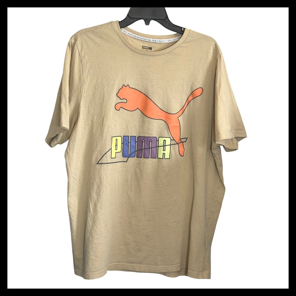 Puma Mens Graphic Tee Tan Beige Short Sleeve Cotton Logo T-Shirt RN 41381